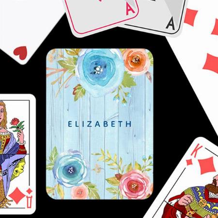 Floral Watercolor Rustic Blue Wood Customized Photo Printed Playing Cards