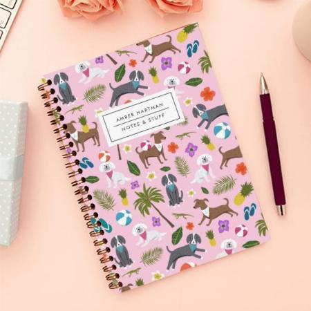 Cute Puppies Tropical Pattern Pink Customized Photo Printed Notebook