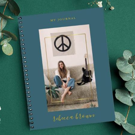 Teal Blue Gold Frame Customized Photo Printed Notebook