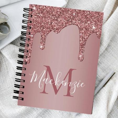 Girly Rose Gold Sparkle Glitter Drips Monogram Customized Photo Printed Notebook