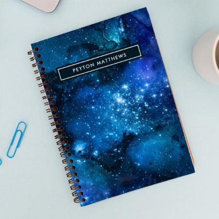 Modern Watercolor Nebula Galaxy Name Blue Customized Photo Printed Notebook