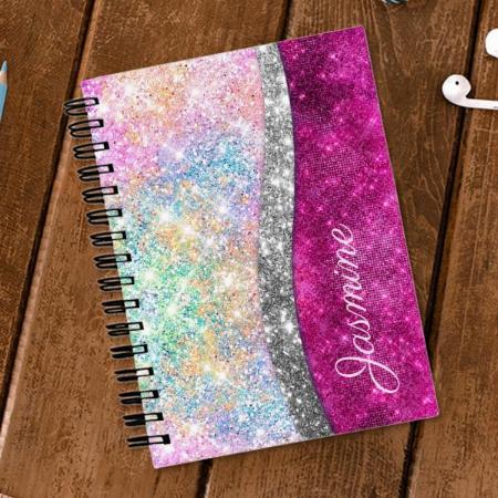 Cute Iridescent Pink Silver Faux Glitter Monogram Customized Photo Printed Notebook