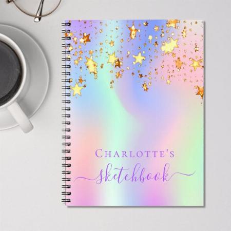 Sketchbook Holographic Pink Rainbow with Gold Star Customized Photo Printed Notebook