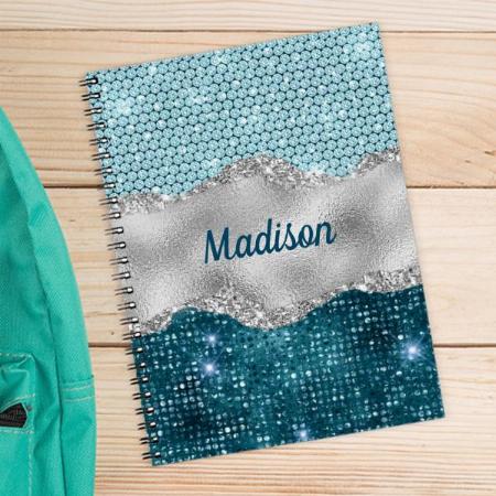 Chic Girly Teal Mint Green Glitter Silver Monogram Customized Photo Printed Notebook