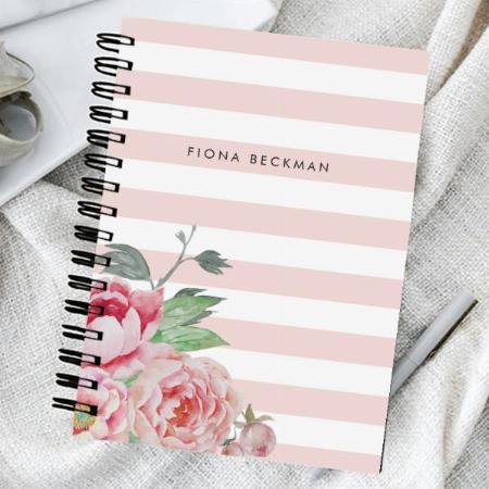 Pink Watercolor Peony & Blush Stripe Customized Photo Printed Notebook