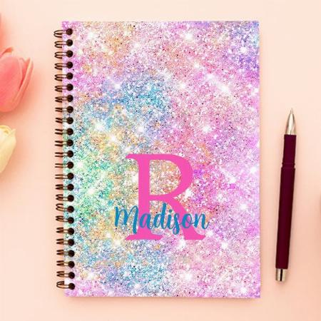 Cute Iridescent Unicorn Pink Faux Glitter Monogram Customized Photo Printed Notebook