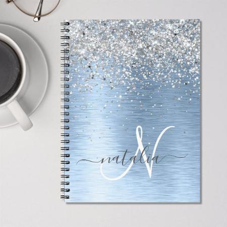 Blue Brushed Metal Silver Glitter Monogram Customized Photo Printed Notebook