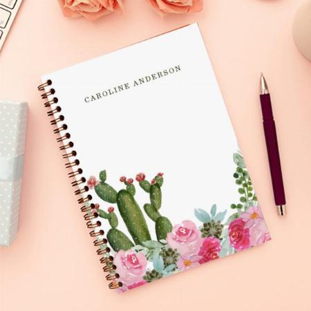 Watercolor Cactus and Pink Flowers Customized Photo Printed Notebook
