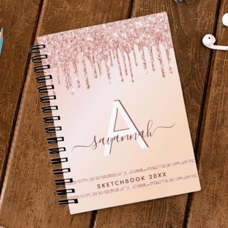 Sketchbook Monogram Rose Gold Pink Glitter Modern Customized Photo Printed Notebook