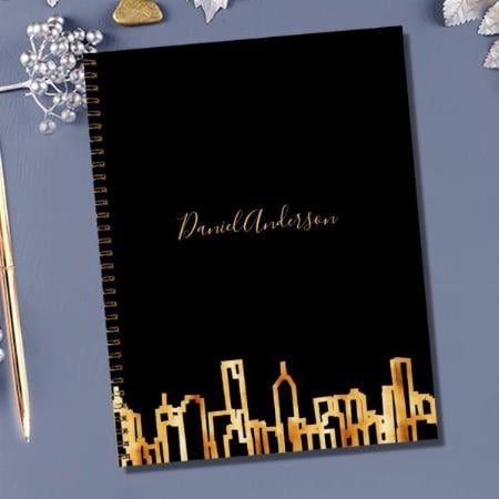 Gold City Skyline Black with Name Customized Photo Printed Notebook