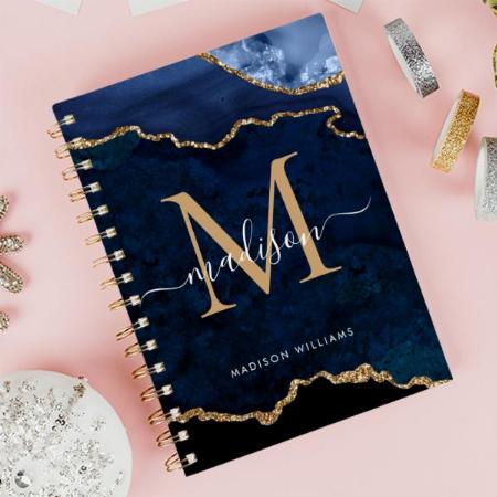 Navy Blue Gold Glitter Agate Geode Monogram Customized Photo Printed Notebook