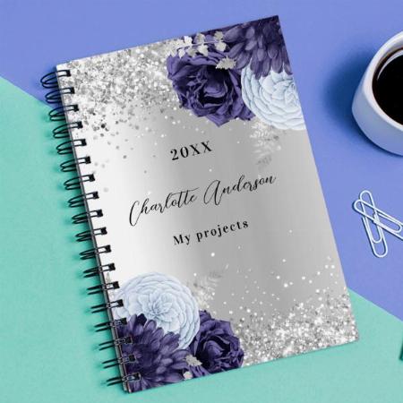 Silver Navy Blue Florals Elegant Glamorous Customized Photo Printed Notebook