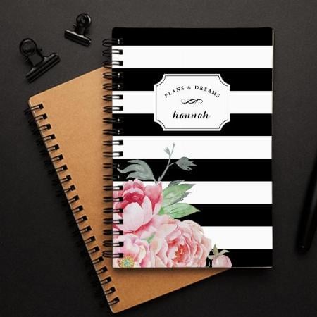Black & White Peony Floral Stripe Customized Photo Printed Notebook