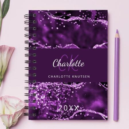 Purple Pink Agate Marble Monogram Customized Photo Printed Notebook