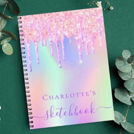 Sketchbook Glitter Drips Holographic Unicorn Pink Customized Photo Printed Notebook