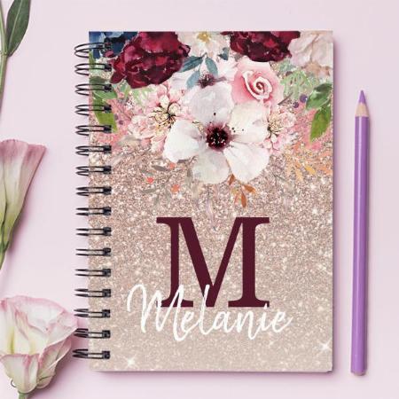 Rose Gold Pink Floral Monogram Customized Photo Printed Notebook