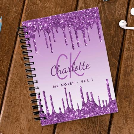 Purple glitter drips violet monogram Customized Photo Printed Notebook
