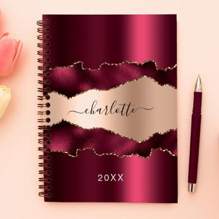 Burgundy Rose Gold Metal Agate Marble Design Customized Photo Printed Notebook