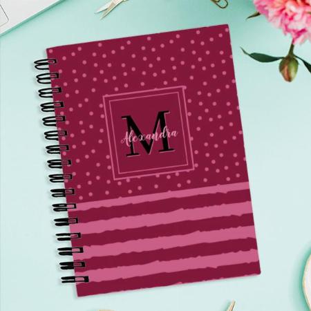 Pretty Burgundy Stripes And Dots Monogram Customized Photo Printed Notebook