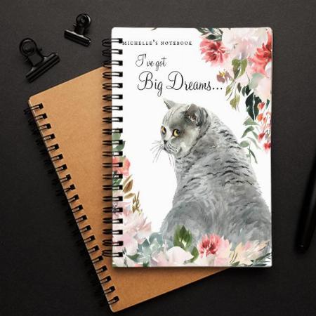 Watercolor Grey Cat Floral Quote & Monogram Customized Photo Printed Notebook