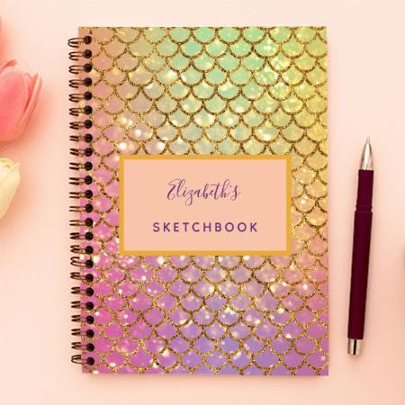 Sketchbook Mermaid Scales Pink Purple Glitter Customized Photo Printed Notebook
