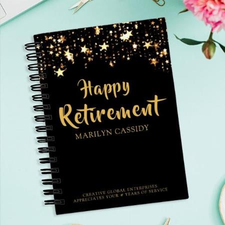 Company Retirement Party Black and Gold Stars Customized Photo Printed Notebook