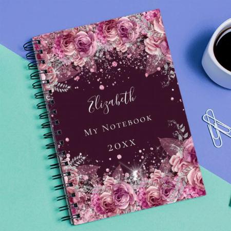 Pink Burgundy Floral Glitter Dust Customized Photo Printed Notebook