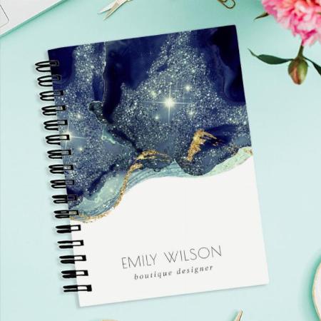 Abstract Alcohol Ink Silver Navy Blue Glitter Customized Photo Printed Notebook
