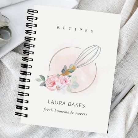 Wooden Whisk Blush Watercolor Floral Chef Recipe Customized Photo Printed Notebook