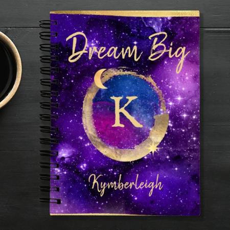 Dream Big Purple Galaxy Glam Gold Monogram Customized Photo Printed Notebook