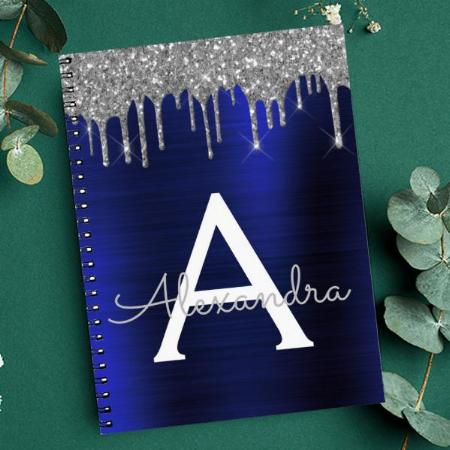 Silver Navy Blue Glitter Brushed Metal Monogram Customized Photo Printed Notebook