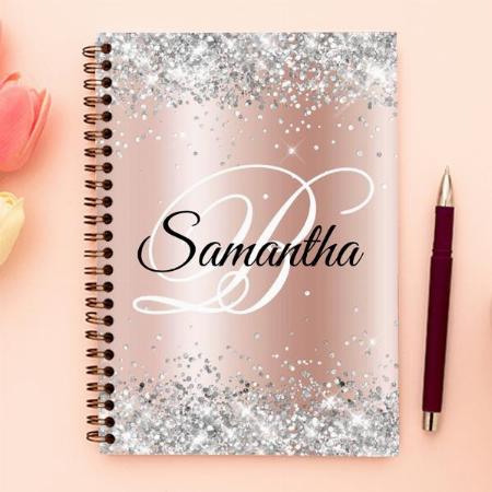 Shiny Silver Glitter Pale Rose Gold Foil Monogram Customized Photo Printed Notebook