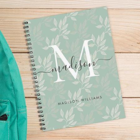 Elegant Monogram Teal Botanical Leaves Girly Customized Photo Printed Notebook