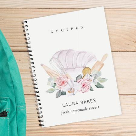 Blush Chef Hat Cookbook Floral Roller Whisk Recipe Customized Photo Printed Notebook
