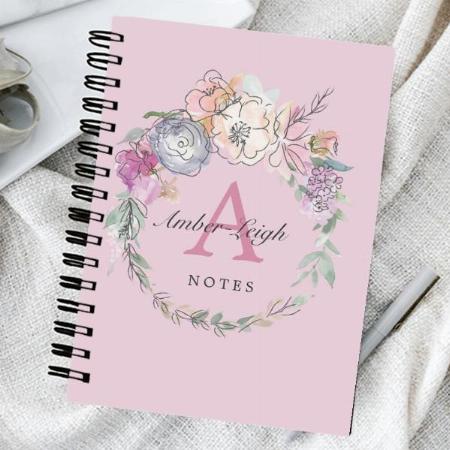Lilac Monogram Pastel Floral Line Art Wreath Customized Photo Printed Notebook