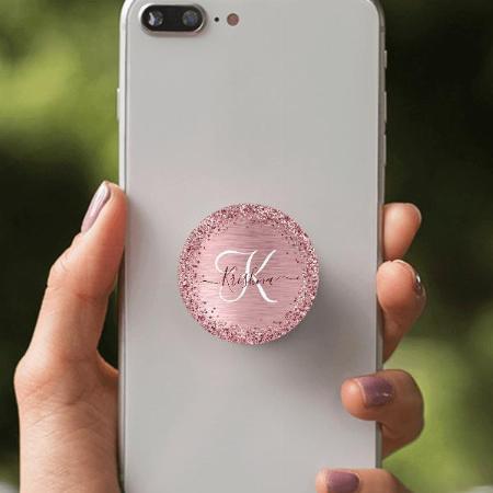 Blush Pink Brush Metal Glitter Monogram Customized Printed Phone Grip Holder Sockets
