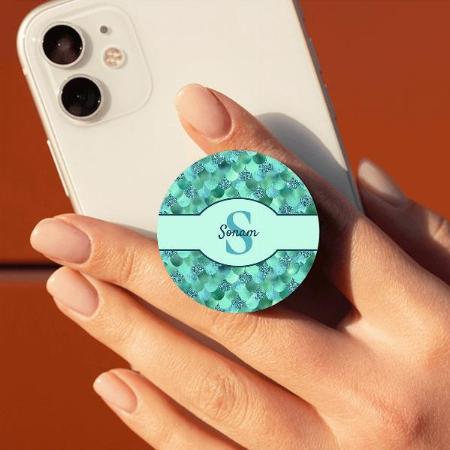 Mermaid Scales Aqua Green Glitter Monogram Customized Printed Phone Grip Holder Sockets