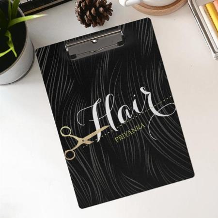 Hair Salon Hairstylist Modern Black Gold Scissors Customized Photo Printed Exam Board