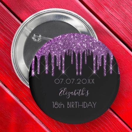 Birthday Party Black Purple Glitter Drips Monogram Customized Photo Printed Button Badge