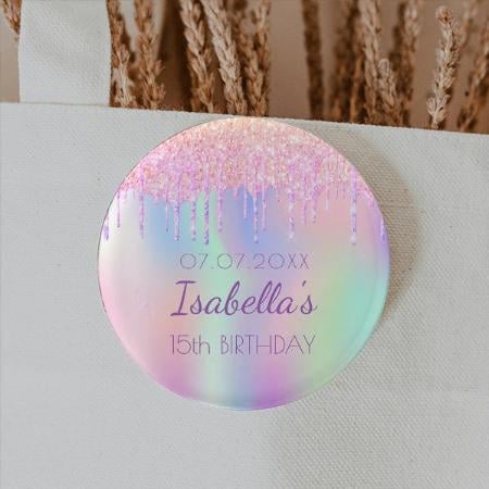 Rainbow Glitter Pink Monogram Customized Photo Printed Button Badge