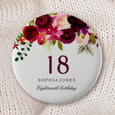 Red Floral Boho Birthday Party Customized Photo Printed Button Badge