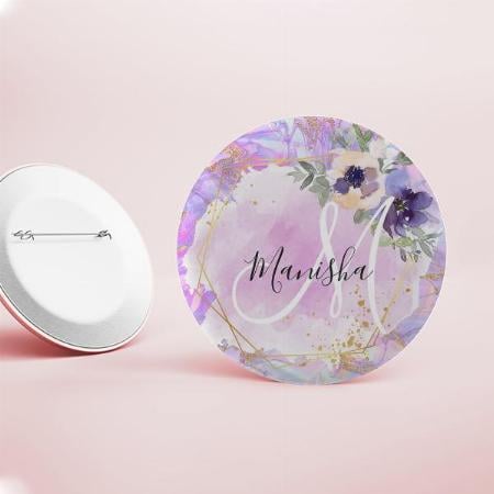 Floral Purple, Pink & Gold Rainbow Marble Monogram Customized Photo Printed Button Badge