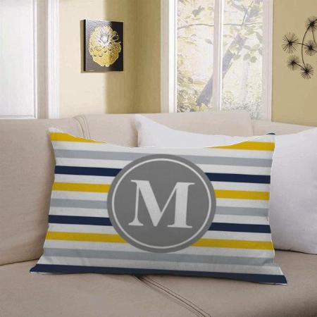 Navy Blue Yellow Striped Pattern Monogram Customized Photo Printed Pillow Cover