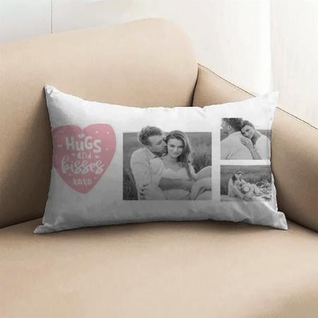 Couple Collage Photo & Hugs And Kisses PInk Heart Design Customized Photo Printed Pillow Cover