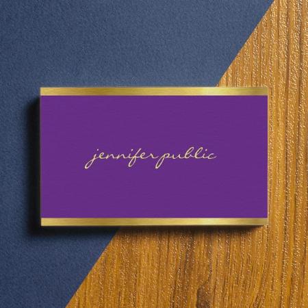 Elegant Purple Gold Handwritten Script Modern Customized Rectangle Visiting Card