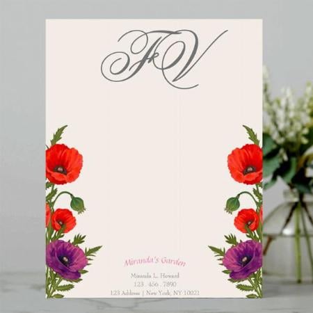 Blooming Poppy Monogram Floral Customized Printed Letterheads