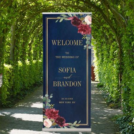 Burgundy Navy Blush Floral Gold Customized Photo Printed Roll Up Standee Banner