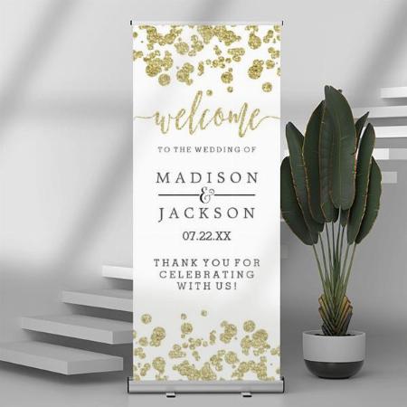 White & Gold Confetti Wedding Customized Photo Printed Roll Up Standee Banner