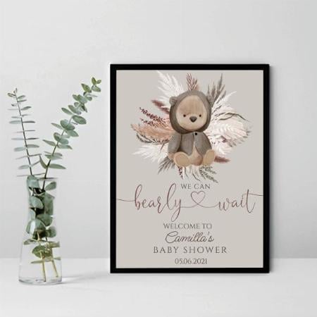 Boho Bear Pampas Grass Baby Shower Customized Photo Printed Vertical Portrait Poster