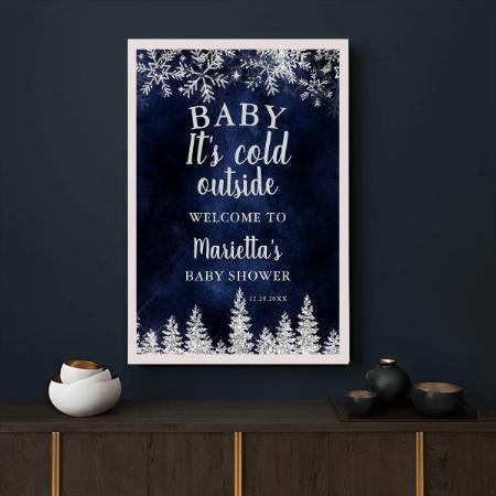 Winter Silver Snow Pine Navy Blue Design Customized Photo Printed Vertical Portrait Poster